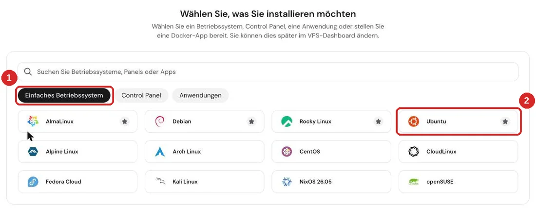 Auswahl Einfaches Betriebssystem, Ubuntu markiert