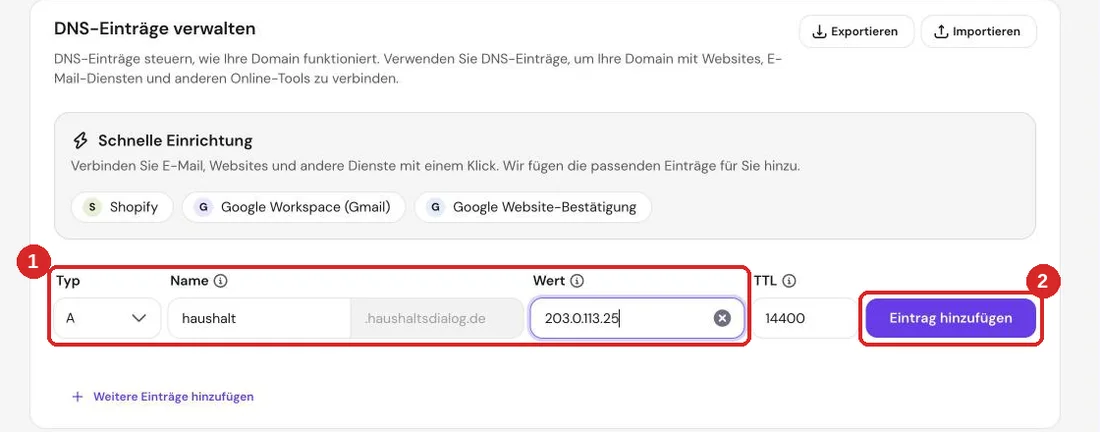 Hostinger DNS-Formular: Typ A, Name haushalt, Wert 203.0.113.25, Schaltfläche Eintrag hinzufügen markiert