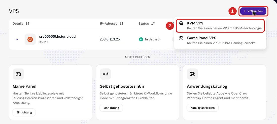 Hostinger, Bereich VPS: Schaltfläche VPS kaufen geöffnet, Auswahl KVM VPS markiert