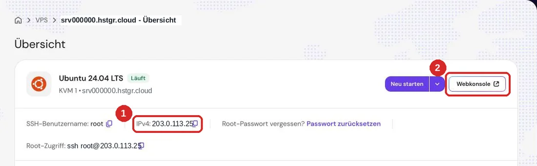 VPS-Übersicht mit Ubuntu 24.04, markiert die IPv4-Adresse und die Schaltfläche Webkonsole