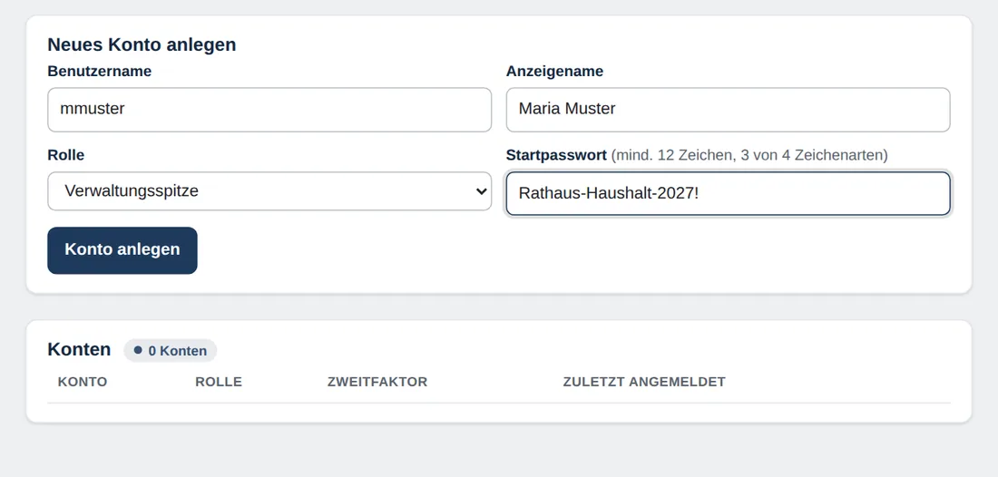 Formular Neues Konto anlegen mit Benutzername mmuster, Anzeigename Maria Muster, Rolle Verwaltungsspitze und Startpasswort