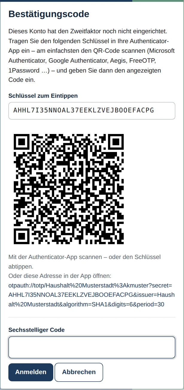Anmeldeschritt Bestätigungscode mit QR-Code für die Authenticator-App, darunter Feld für den sechsstelligen Code