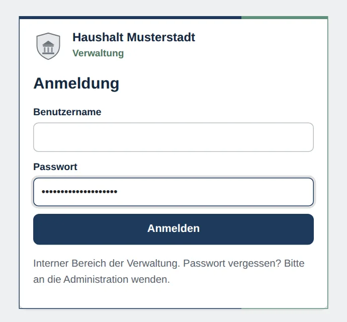 Anmeldung zum Redaktionsbereich mit leerem Benutzernamen und ausgefülltem Passwortfeld