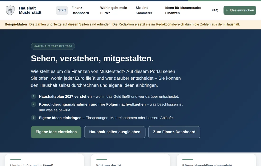 Startseite des Portals Haushalt Musterstadt mit gelbem Hinweisband Beispieldaten