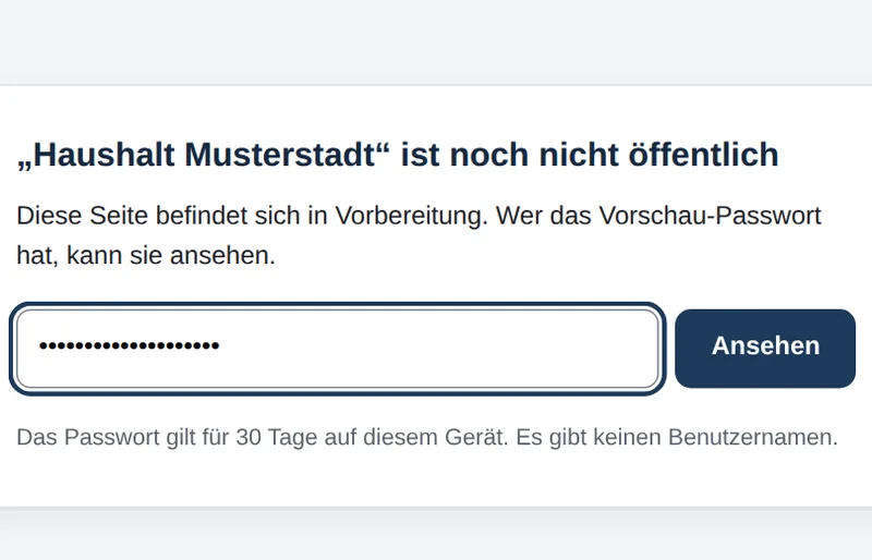 Passwortseite: Haushalt Musterstadt ist noch nicht öffentlich, Feld Vorschau-Passwort und Schaltfläche Ansehen