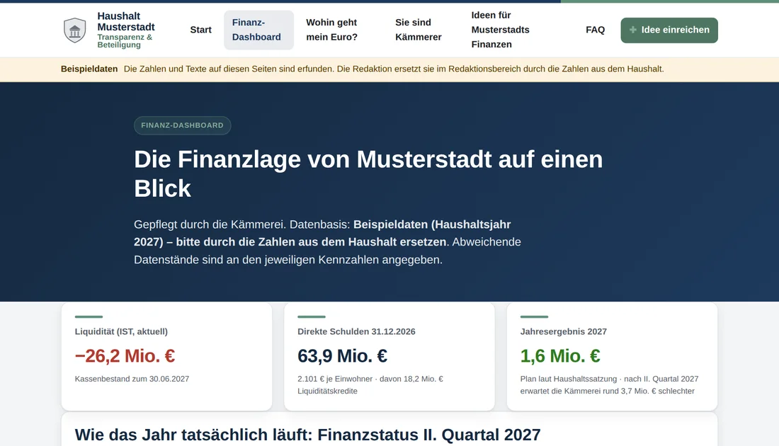 Finanz-Dashboard vorher mit Beispielzahlen